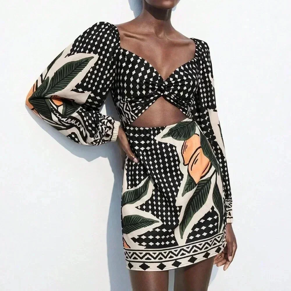 Black And White Boho Women's Floral Print Twist Hollow Out Casual Short Dress